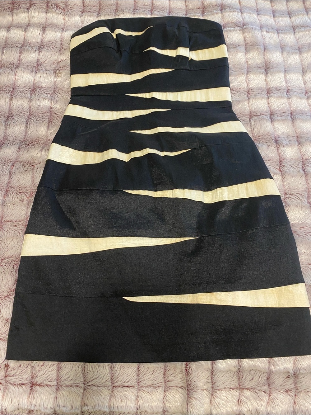 Cache Strapless Black and Cream Stripe Cocktail Dress